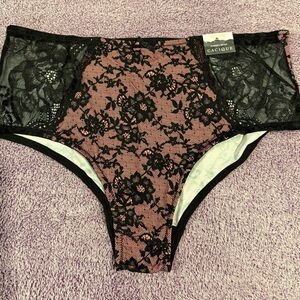 Cacique Black Floral Lace Cheeky Brief with Pink Base  Size 10/12